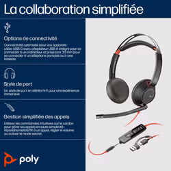 POLY Micro-casque Blackwire 5220 stéréo USB-C + connexion 3,5 mm + adaptateur USB-C/A