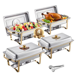 Chauffe-Plat-VEVOR-4PCs-75 L-Buffet Chauffant Rectangulaire-Réchaud en Acier Inoxydable-avec Couvercle en Verre-Doré