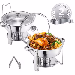 Chauffe-Plat-VEVOR-2PCs 47 L-Buffet Chauffant Rond-Réchaud en Acier Inoxydable-avec Couvercle en Verre