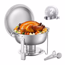 Chauffe-Plat-VEVOR-2PCs-47 L-Buffet Chauffant Rond-Réchaud en Acier Inoxydable-avec Couvercle et Pince-Argenté