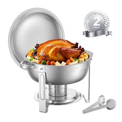 Chauffe-Plat-VEVOR-2PCs-47 L-Buffet Chauffant Rond-Réchaud en Acier Inoxydable-avec Couvercle et Pince-Argenté