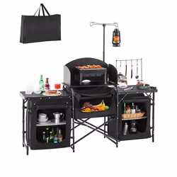 Cuisine de Camping-VEVOR-Table de Camping en Plein Air-avec 3 Placards de Rangement-Pare-brise Amovible-Noir