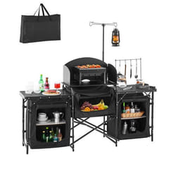 Cuisine de Camping-VEVOR-Table de Camping en Plein Air-avec 3 Placards de Rangement-Pare-brise Amovible-Noir