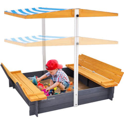 Vevor - Bac a sable en bois naturel avec auvent, 1455 x 1200 x 1200 mm, bac a sable avec banquettes pliables et doublure inferieure, pour jardin
