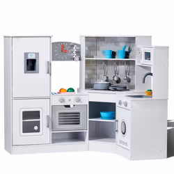 Cuisine pour Enfants-VEVOR-Ensemble Cuisine dAngle en Bois-LumièresMachine à Glaçons Four Évier Horloge Micro-ondes-Blanc