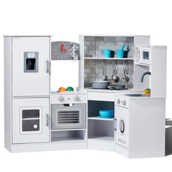 Cuisine pour Enfants-VEVOR-Ensemble Cuisine dAngle en Bois-LumièresMachine à Glaçons Four Évier Horloge Micro-ondes-Blanc