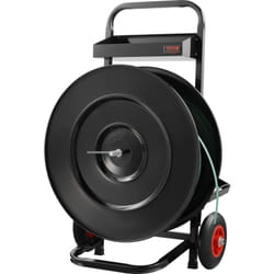 Chariot de cerclage pour bobines de cerclage PET/PP/fibre/acier de 406/203 mm, distributeur de cerclage robuste, equipe de poulies anti-recul,