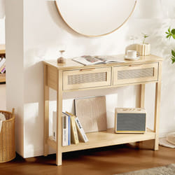 Vevor - Table console en rotin avec 2 tiroirs de rangement, table deentree en rotin naturel avec porte coulissante, 1000 x 295 x 815 mm, rangement