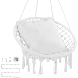 Fauteuil suspendu, 150 kg, chaise suspendue pivotante macrame, coussin, materiel de montage, corde en coton, chaise relax a franges, pour chambre,