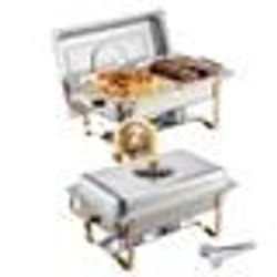 Chauffe-Plat-VEVOR-2PCs-4 L-Buffet Chauffant Rectangulaire-Réchaud en Acier Inoxydable-avec Couvercle en Verre-Doré