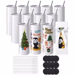 Lot de 12 Gobelets Thermos à Sublimation-VEVOR-95 cL-Fins et Droits-Acier Inoxydable Vierges-Couvercle et Paille Boîte Cadeau
