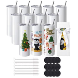 Lot de 12 Gobelets Thermos à Sublimation-VEVOR-95 cL-Fins et Droits-Acier Inoxydable Vierges-Couvercle et Paille Boîte Cadeau