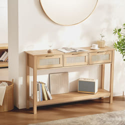 Table Console En Rotin Avec 3 Tiroirs De Rangement, Table Deentree En Rotin Naturel Avec Porte Coulissante, 1305 X 300 X 815 Mm, Rangement Pour Salon, Bureau, Entree Ou Mur Tv, Couleur Du Bois - Vevor