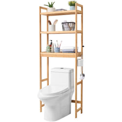 Etagere wc, Meuble de Rangement au-Dessus des Toilettes Reglable a 3 Niveaux, Etagere de Salle de Bain Autoportante, avec 3 Crochets, Organisateur