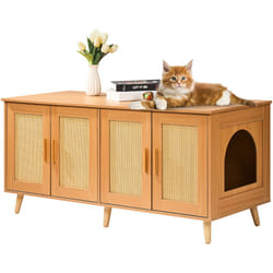 Vevor - Meuble Cache Bac a Litiere pour 2 Chats, Maison de Toilette pour Chat avec Portes Decorees en Rotin, Armoire en Bois pour Cacher Plupart Bacs