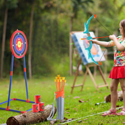 Ensemble dearc et fleches pour enfants, kit tir a larc lumineux a led, avec 10 fleches a ventouse, cible debout, carquois, 3 canettes de cible, jouet