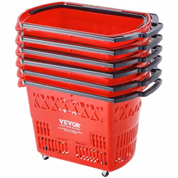 Panier de Courses-VEVOR-Lot de 6-Roulettes-Plastique-39 L-Poignée-540x530x365 mm-Magasin de Détail-Supermarché-Epicerie-Rouge