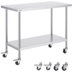 Vevor - Table de Travail en Acier Inoxydable 61 x 122 x 95,5 cm, Table de Preparation des Aliments avec 4 Roulettes, 3 Niveaux de Hauteur Reglables,