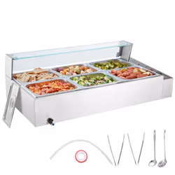 Chauffe-Plat Buffet-VEVOR-6 Bacs de 76 L-Bain-Marie Électrique 1500 W-Buffet Chauffant en Inox-Écran en Verre-Température Rég ...