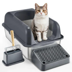 VEVOR Bac a Litiere pour Chat Profondeur 152,4 mm Extra Large en Acier Inoxydable avec Pelle, Repose-pied Filtrant, Cotes Hauts, sans Odeur, Facile a Nettoyer, Adapte aux Grands Chats, Gris Fonce