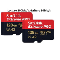 Lot de 2 Micro SD SanDisk Extreme Pro Carte Mémoire microSDXC 128Go 128g Class 10 UHS-I U3 V30 200MB/S 90MB/S A2