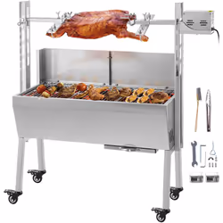 Barbecue à Charbon avec Tournebroche Électrique Chargeant 60 kg Grande Surface de Cuisson & Roues Verrouillables & Grande Sta ...