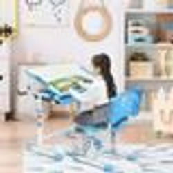 COSTWAY Bureau Enfant Ergonomique Hauteurs et Angle Réglable 0-40° Ensemble Table avec ChaisesTable à Dessin avec 1 Tiroir Bleu