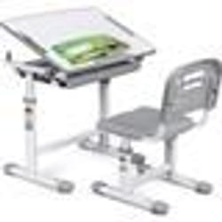 COSTWAY Bureau Enfant Ergonomique Hauteurs et Angle Réglable 0-40° Ensemble Table avec ChaisesTable à Dessin avec 1 Tiroir Gris