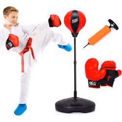 Sac de Frappe Enfants 3 Ans COSTWAY-Punching Ball sur Pied-Hauteur Réglable 90-130CM-Gants et Pompe à Main-Base de Lestage-Ro ...