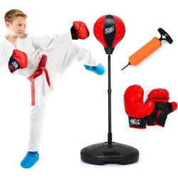 Sac de Frappe Enfants 3 Ans COSTWAY-Punching Ball sur Pied-Hauteur Réglable 90-130CM-Gants et Pompe à Main-Base de Lestage-Rouge