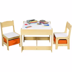 COSTWAY Ensemble Table et 2 Chaises pour Enfant en Bois Tableau Transformable avec Chaise Fonction de Stockage Naturelles