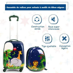 COSTWAY Valise Trolley pour Enfants à Roulettes 16 + Sac à dos 12 Ensemble de Bagage en Rose avec Motif Animaux -Garçon Fille