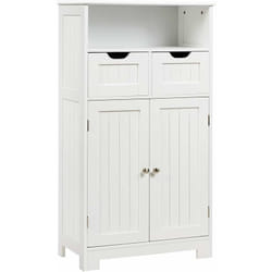 Costway - Meuble de Rangement de Salle de Bain Commode Blanche de Toilette/Chambre avec 2 Tiroirs et 2 Portes, Double Zones de Rangement Armoire pour