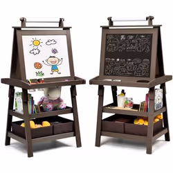 COSTWAY Tableau Enfant - Blanc Magnétique et Noir Rouleau de Papier (Papier inclus) 3 Etagères et 2 Bac de Rangement Marron