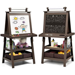 COSTWAY Tableau Enfant - Blanc Magnétique et Noir Rouleau de Papier (Papier inclus) 3 Etagères et 2 Bac de Rangement Marron