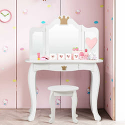 Costway - Coiffeuse pour Enfants avec Miroir à Trois Volets, Ensemble de Coiffeuse 2-en-1 avec Dessus Amovible, Tabouret Inclus, Jeu de Simulation de