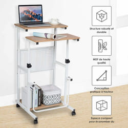 Costway - Bureau Informatique Assis-Debout Roulant Ajustable 68-98CM, avec Plateau de Clavier