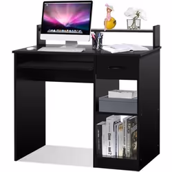 COSTWAY Bureau dOrdinateur avec Tiroir et 2 Etagères de Rangement Bureau Informatique avec Plateau à Clavier pour Maison Etud ...