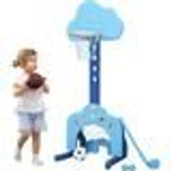 COSTWAY Panier de Basketball pour Enfant 3 en 1 : Jet Football et Golf Hauteur Réglable(77-116cm) 2-7 Ans Azur