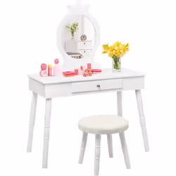 COSTWAY Coiffeuse Enfant avec Tiroir et tabouret Table de Maquillage de Filles Style Princesse Européenne Blanc