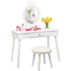 COSTWAY Coiffeuse Enfant avec Tiroir et tabouret Table de Maquillage de Filles Style Princesse Européenne Blanc
