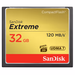 SanDisk 32GB Extreme, CF, 32 Go, CompactFlash, 120 Mo/s, 85 Mo/s, Noir, Or