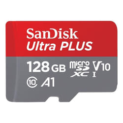 SanDisk Carte mémoire micro SD Ultra Plus micro SDXC 128 Go Gris et Rouge + Adaptateur SD 150 MB/s A1 Class 10 UHS-I -