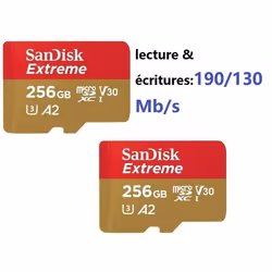 Lot de 2 Carte Mémoire Micro SDXC SanDisk Extreme 256 Go Classe 10 U3 V30 jusquà 190Mb/s écritures 130Mb/s carte microSD