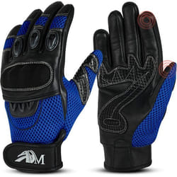 ADM Gants Moto Scooter En Cuir Homologués CE + Logo Motard Équipement Souple & Respirant - Bleu & Noir