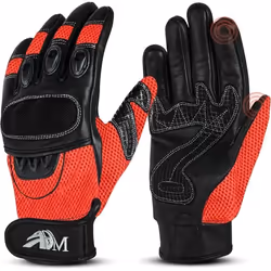 ADM Gants Moto Scooter En Cuir Homologués CE + Logo Motard Équipement Souple & Respirant - Rouge & Noir