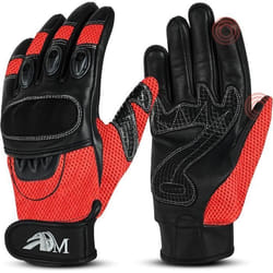 ADM Gants Moto Scooter En Cuir Homologués CE + Logo Motard Équipement Souple & Respirant - Rouge & Noir