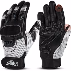 ADM Gants Moto Scooter En Cuir Homologués CE + Logo Motard Équipement Souple & Respirant - Blanc & Noir
