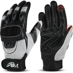 ADM Gants Moto Scooter En Cuir Homologués CE + Logo Motard Équipement Souple & Respirant - Blanc & Noir
