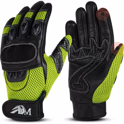 ADM Gants Moto Scooter En Cuir Homologués CE + Logo Motard Équipement Souple & Respirant - Vert Fluo. & Noir